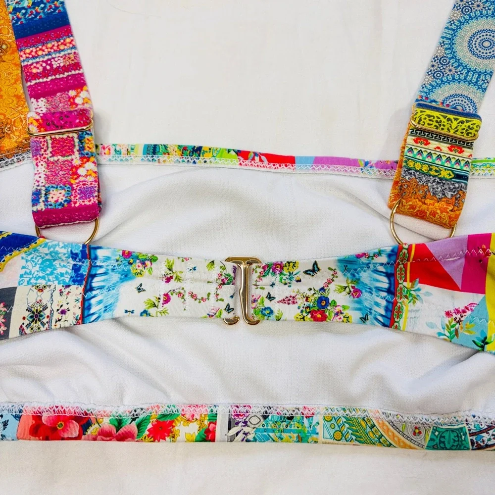 Johnny Was Multicolor Patchwork Bikini Top - Green, Pink, Orange, Blue - Picture 5 of 11